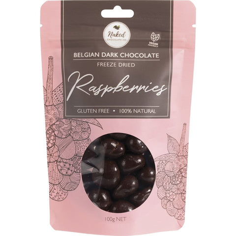 NAKED CHOCOLATE CO Freeze Dried Raspberries Dark Chocolate 100g
