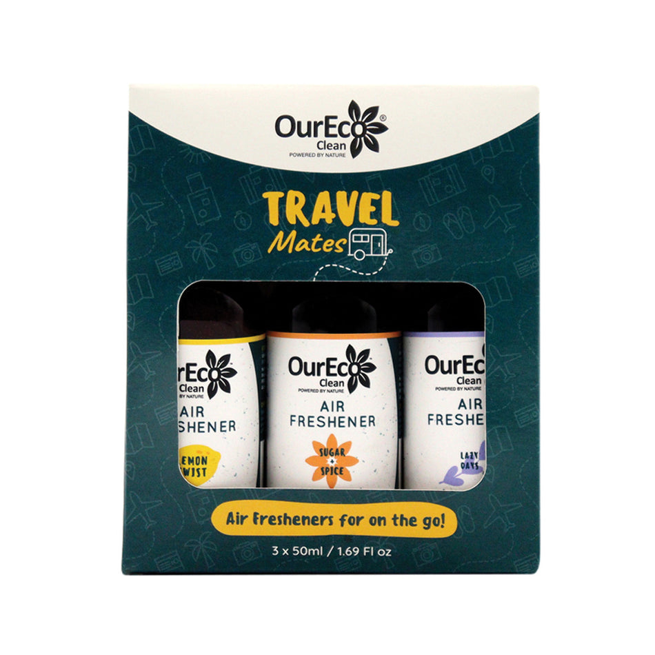 OurEco Clean Air Freshener Travel Mates 50ml x 3 Pack (contains: Lazy Days, Sugar & Spice & Lemon Twist)