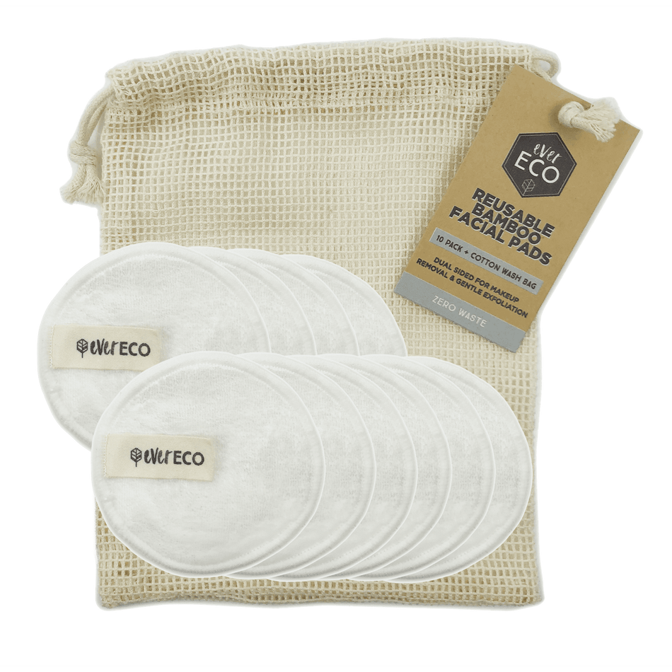 EVER ECO Reusable Bamboo Facial Pads White With Cotton Wash Bag 10