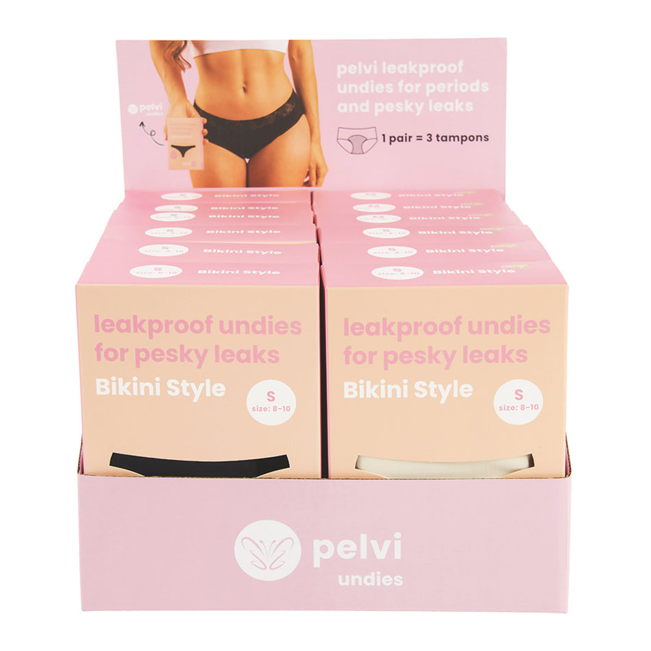 Pelvi Underwear Leakproof Bikini Black Beige Mixed Sizes Pack of 12 contains: 1 of each size in Black & Beige