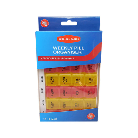 Surgical Basics Pill Box Weekly Pill Planner - 4 Sections Per Day (L17cm x W11.5cm x D2cm)