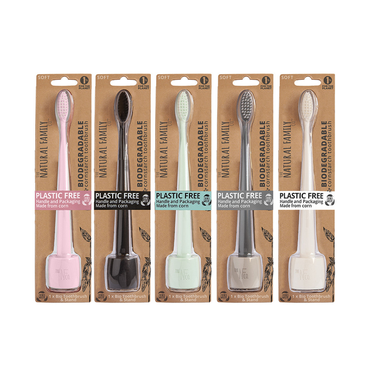 The Natural Family Co. Bio Toothbrush Pastel with Stand Mixed Pack of 8 contains: Up To 5 Different Pastel Colours - Supplied at Random