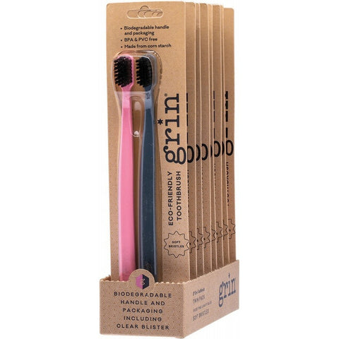 GRIN Biodegradable Toothbrush (Twin Pack) Soft - Pink & Navy