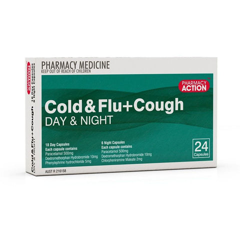 Pharmacy Action Cold & Flu + Cough Relief PE Day & Night 24 Caps (Generic for Codral PE Cold & Flu + Cough)