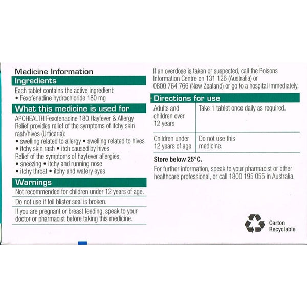 Buy Apohealth Fexofenadine 180mg 70 Tablets Online at Cutpricepharmacy – CutPricePharmacy.com.au ...