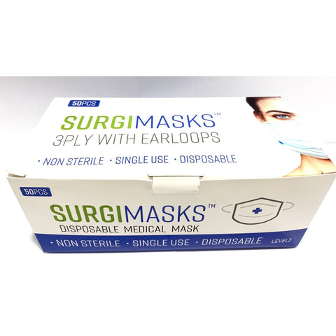 SURGIMASKS 3PLY WITH EARLOOPS 50PK