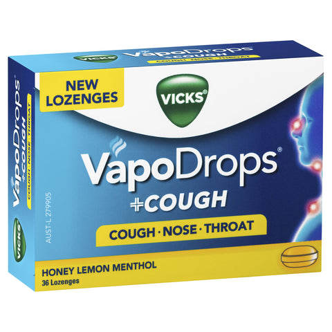 Vicks VapoDrops + Cough Honey Lemon Menthol 36 Lozenges